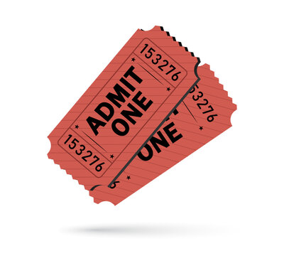 Admit one tickets in brick red color with shadow on white background. One person entry tickets - Vector Art