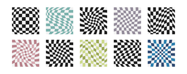 Psychedelic checkerboard background. Groovy patterns set. Geometric abstract retro vintage pattern. Background of distorted squares. Checkered wavy wallpaper.