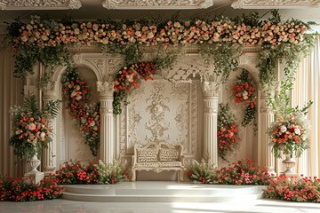 white with golden bright curtain wedding stage with red flowers frames - obrazy, fototapety, plakaty