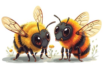 two cute cartoon fluffy bees - obrazy, fototapety, plakaty