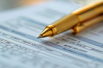 elegance of a close-up of a golden pen on financial documents, highlighting the precision and attention to detail in a minimalistic style