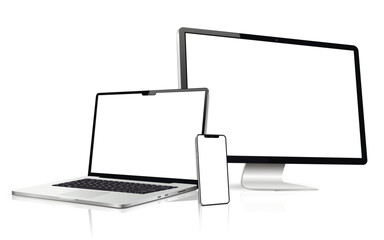 Realistic computer screen with laptop and mobile phone. Flat lay detailed and realistic devices mockup