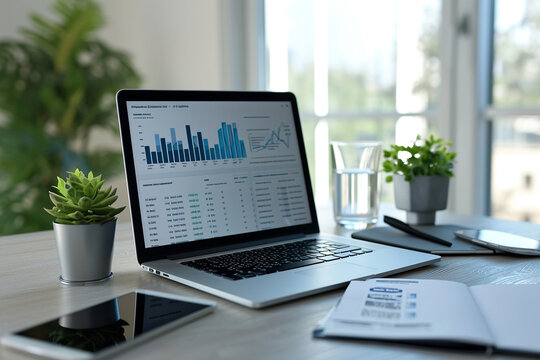 minimalist view of a sleek, modern office desk with financial charts and a laptop, creating a professional financial background in a minimalistic style