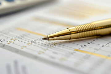elegance of a close-up of a golden pen on financial documents, highlighting the precision and attention to detail in a minimalistic style