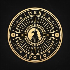 Mysterious golden emblem on black background with blurred rectangle.