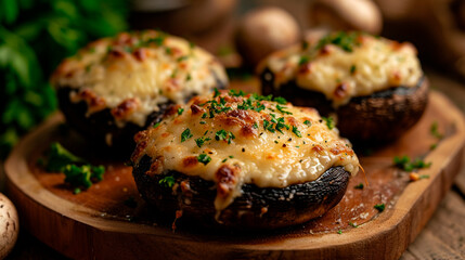 mushroom caps baked with cheese. Selective focus. - obrazy, fototapety, plakaty