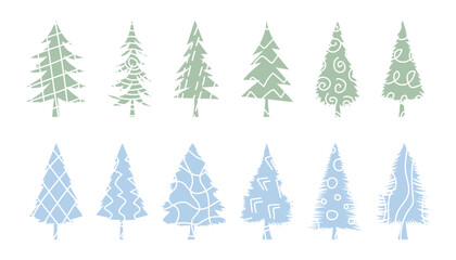 Patterned Christmas trees. New Year's decorative elements of nature and forest. Pine, fir, spruce colored illustration. Set hand drawn simple blue green patterned Christmas tree for winter holidays.