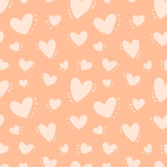 Cute baby peachy pattern with hearts and spots, dots, love texture, romantic print. Seamless pattern for Valentine's Day. for fabric, for textile, with cute hearts, simple hand drawn children's print.