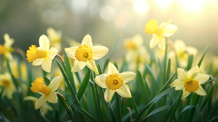 Obraz premium Flowerbed with yellow daffodils in sunset light.
