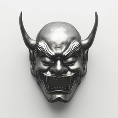 a black metallic oni Demon face mask isolated on a white background