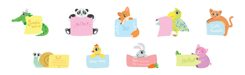 Funny Animal Character Holding Banner or Placard Vector Set