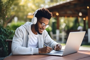 Young african american student engaged in learning with headphones and note-taking - obrazy, fototapety, plakaty