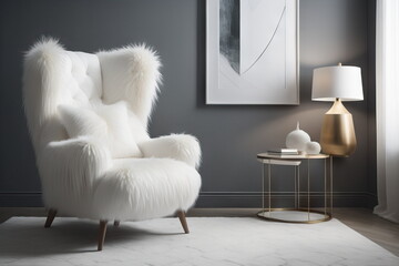 White fur armchair near wall and floor lamp. Interior design of modern living room 