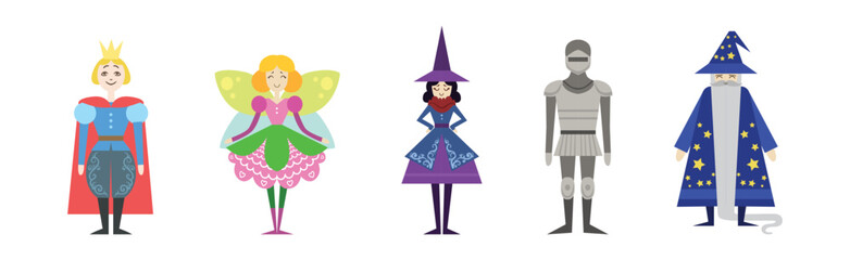 Medieval Fairy Tale Funny Character with Wizard, Prince and Knight Vector Set