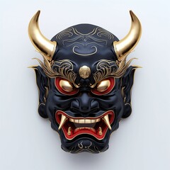 a black and golden oni Demon face mask isolated on a white background