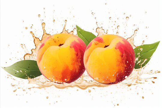 Fresh Peach Fruits in Watercolor - Vibrant Art of Juicy Peaches with Lush Green Leaves for Design