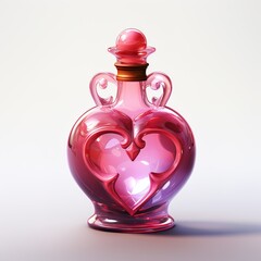 glass bottle with pink love potion on white background