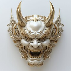 a white and golden oni Demon face mask isolated on a white background