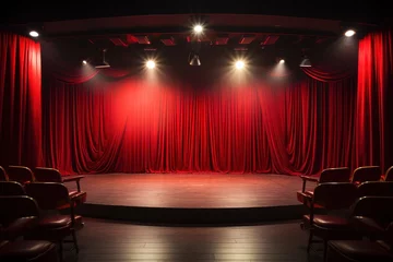 Fotobehang view of an empty stage of a theater or standup comedy club with red curtain © Маргарита Вайс