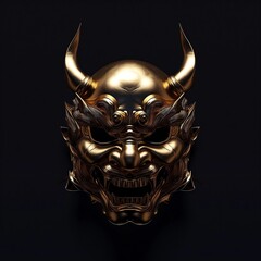 a golden Oni demon mask isolated on a black background