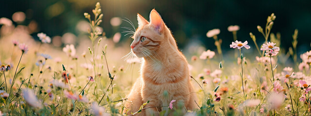 cat in a flower field. Selective focus.