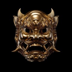 a golden Oni demon mask isolated on a black background