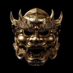 a golden Oni demon mask isolated on a black background