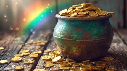 pot with gold coins and rainbow on the pot - obrazy, fototapety, plakaty