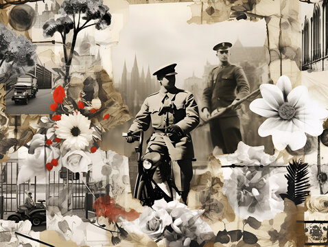 collage with a black and white photo of a male serviceman on Anzac Day