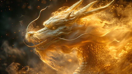 Chinese New Year seasonal social media background design with blank space for text. Close-up Chinese traditional dragon head made from smoke and floating in the air. Gold dragon on black background. - obrazy, fototapety, plakaty