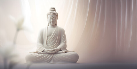 Buddha statue meditating on the light of nature. Copy space