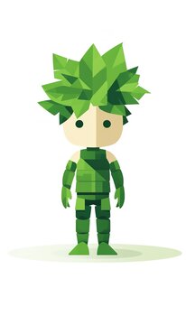 Cartoon 2D, design, green man isolated on white background, green man, boy, ecology