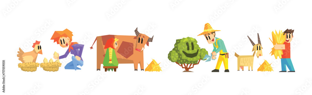 Wall mural funny man and woman farmer character enjoy horticulture and agriculture vector set