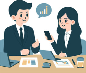 A vector illustration of a businessman and woman having a business discussion in an office setting.