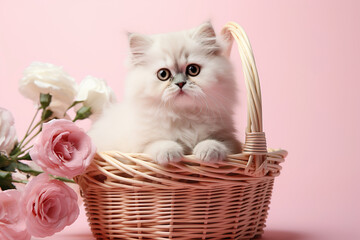 adorable domestic fluffy cat in a basket on a pink background with flowers