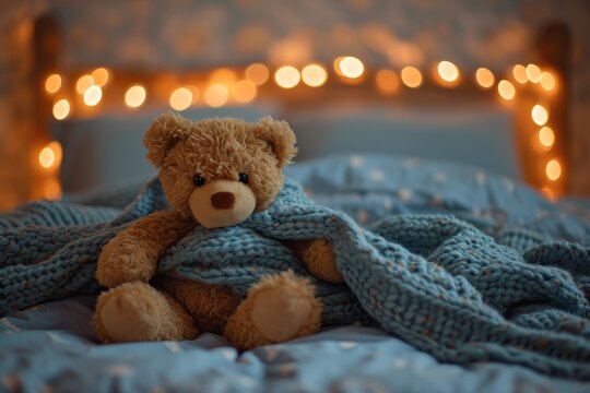 A cozy teddy bear snuggles up in its soft blanket, bringing comfort and warmth to its indoor abode