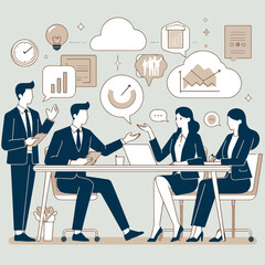 An illustration depicting a businessman and woman engaging in a professional conversation about business in an office.
