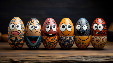 painted eggs on table in a row. Easter holiday and decorations