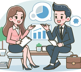 An illustration in vector art style showcasing a businesswoman and businessman engaged in a professional conversation in an office setting.