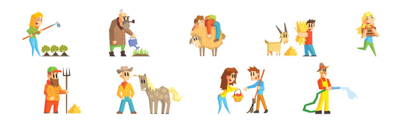 Funny Man and Woman Farmer Character Enjoy Horticulture and Agriculture Vector Set