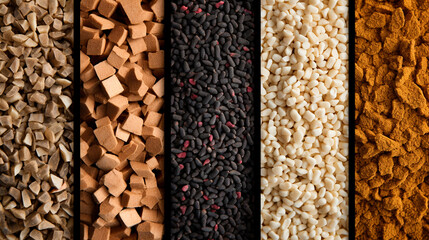 various dry animal feeds. Selective focus.
