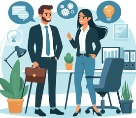 A vector illustration of a businessman and woman having a business discussion in an office setting.