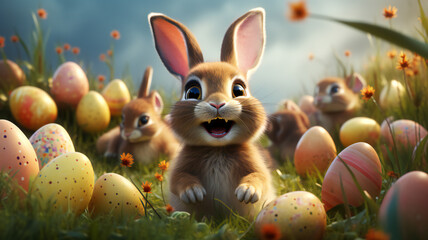 easter bunny with easter eggs, creative art, illustration