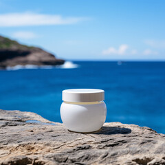 Fototapeta na wymiar Round white body cream jar on a rocky surface with a sea background behind