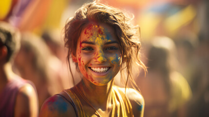 portrait of a woman with a colourful hair. portrait of a smiling happy young woman with holi color face, India festival