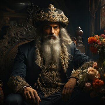 Old style king long beard, hair and mustache on chair looking camera Generative AI
