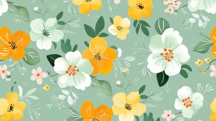 Seamless pattern with cute flower on green mint background