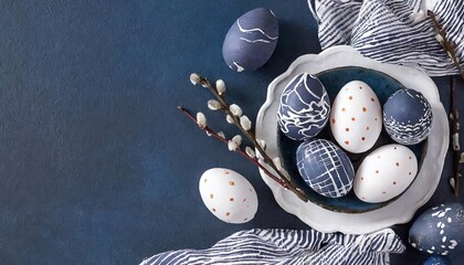 Easter banner with painted eggs and napkin on dark blue backround
