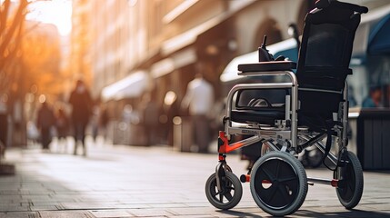 Obraz premium Close-up back view of a disabled person's stroller in the urban environment.