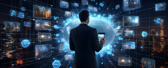 Businessman views digital images on a dark blue background, depicting world maps, intertwined networks, and a virtual world. Abstract concept of technology in business and network connections.